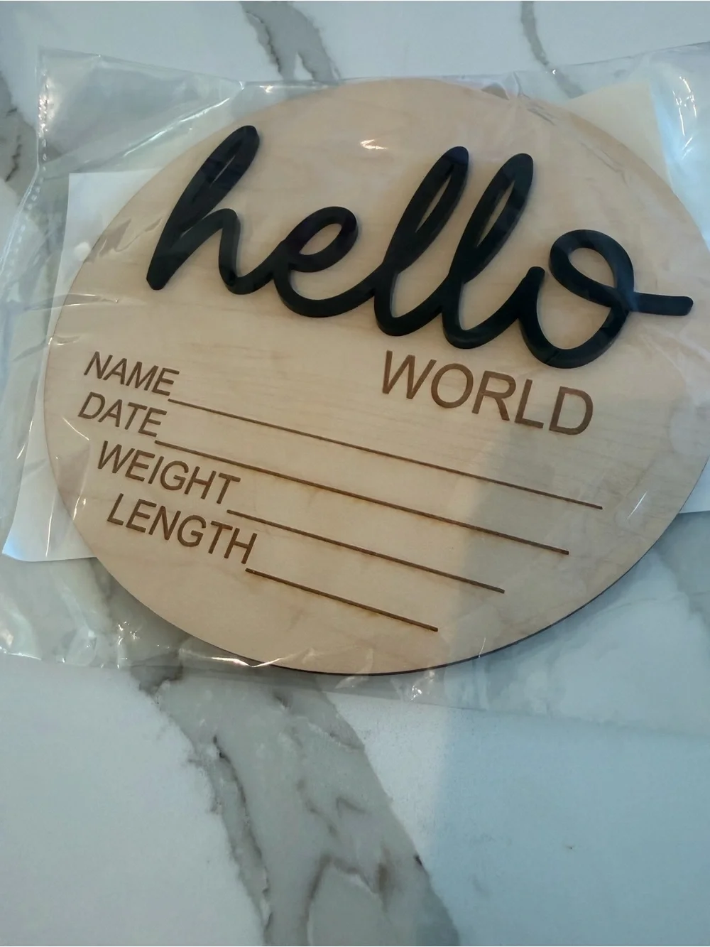 NWT Hello World Newborn Milestone Plaque - Natural Wood with Black Script
